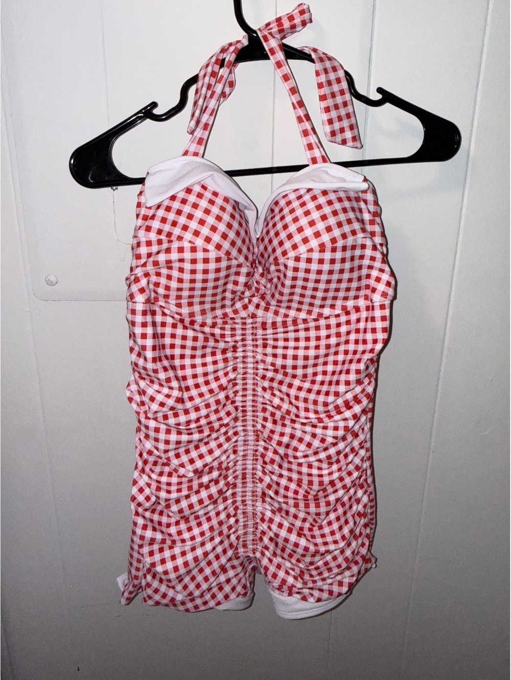 Retrostage Women's Red and White Gingham Ruched Halter One-Piece Swimsuit XL